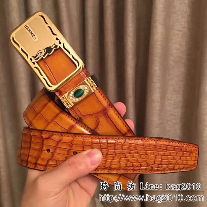 愛馬仕HERMES 純手工美洲鱷魚無拼接肚皮 海外專櫃高端男士皮帶 HHG1208